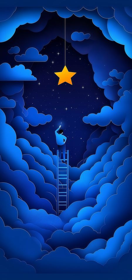 Star Climber: dreamer ascending a ladder through layered papercraft clouds towards a glowing star