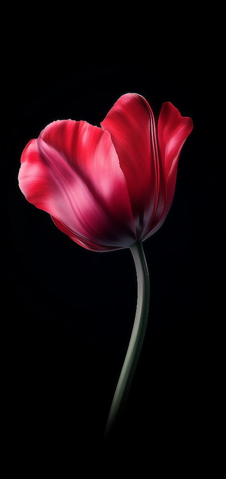 Sculpted crimson red tulip petal against deep obsidian black
