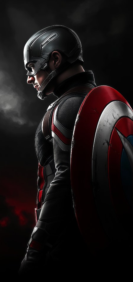 Captain America side-profile portrait in tactical suit with iconic vibranium shield