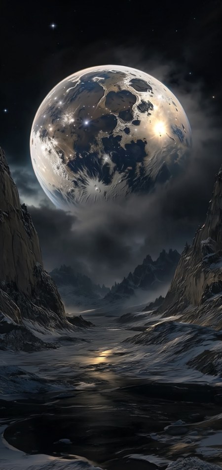 Lunar Solitude: serene celestial moon hovering over silent landscape
