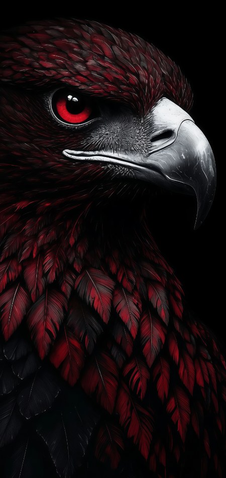 Crimson Raptor: fierce eagle profile with detailed crimson feathers and intense red eye