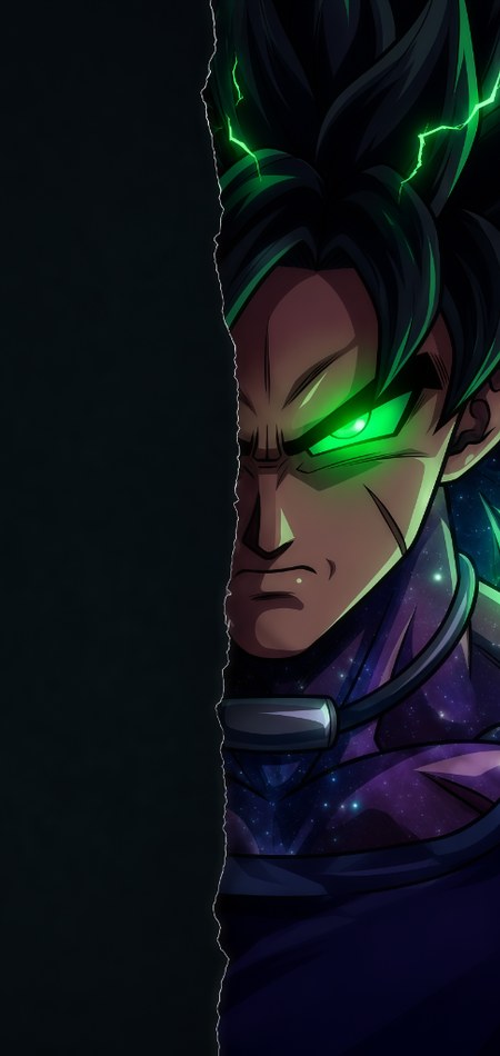 Broly Berserk warrior with glowing emerald gaze and dark torn-paper contrast
