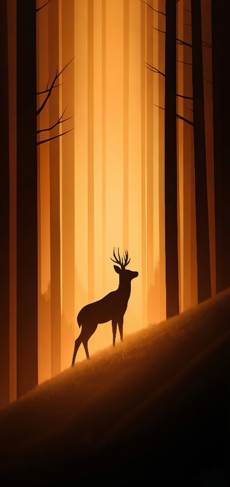 Golden Stag: majestic silhouette standing in a sunlit amber pine forest