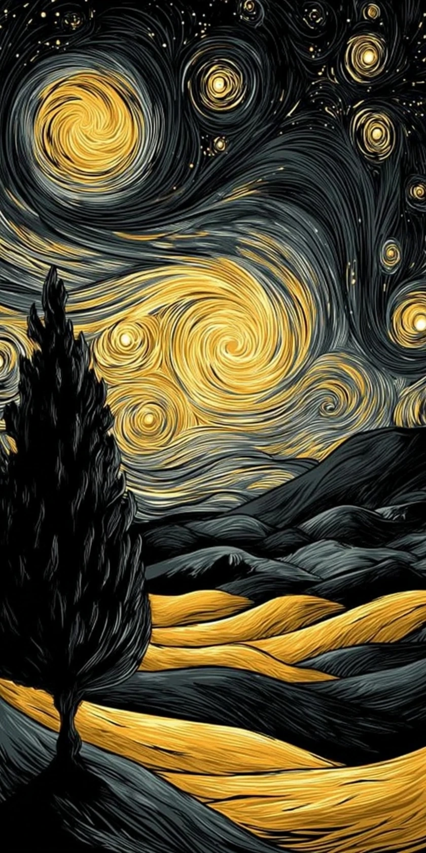 Golden starry night impressionist landscape wallpaper with swirling skies and cypress tree