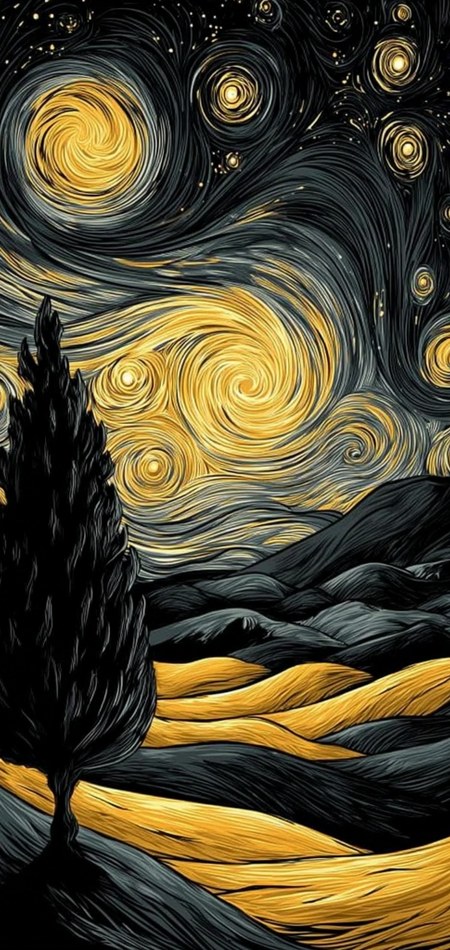 Golden starry night impressionist landscape wallpaper with swirling skies and cypress tree