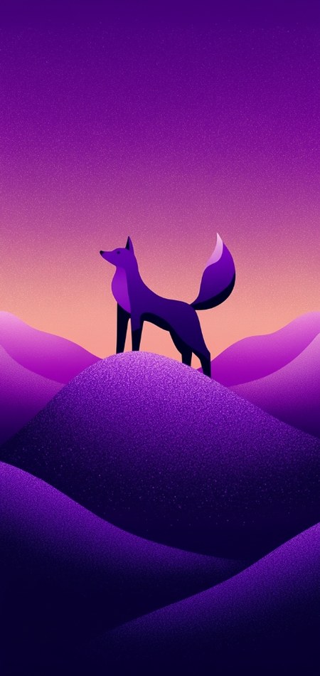 Stylized violet fox standing on velvety purple dunes under gradient twilight