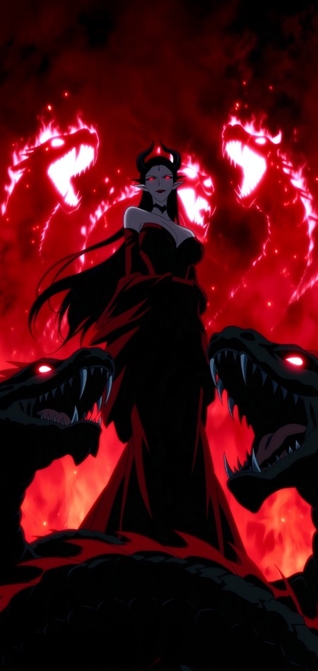 Crimson Empress: demon queen with glowing red eyes surrounded by fiery dragon serpents